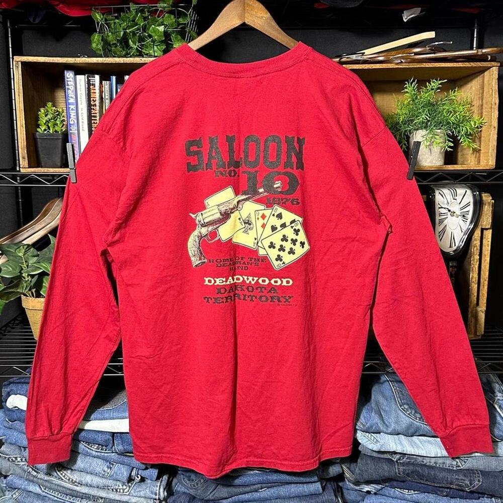 Vintage Y2K Cowboy Saloon Long Sleeve Tee Red Deadwood South Dakota Shirt Men XL